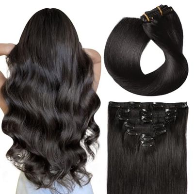 SUYYA 16 Inch 120g 7pcs Clip in Hair Extensions, Straight Double Weft Natural Black (16 inches 1B Off Black)