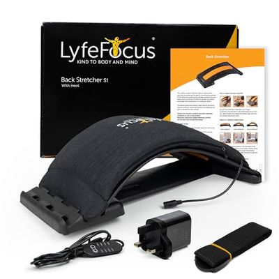 LyfeFocus Back Stretcher With Heat For Back Pain & Muscle Tension - Comfortable Adjustable Spine Stretcher Posture Corrector - Lumbar Support with Chair Strap, Memory Foam Cover, Control & Fast Plug