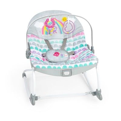 Bright Starts, Mecedora para Bebés y Niños Pequeños, Rosy Rainbow, Asiento con vibraciones relajantes, arco de juegos con 2 juguetes, reclinable, desde recién nacido hasta 18 kg