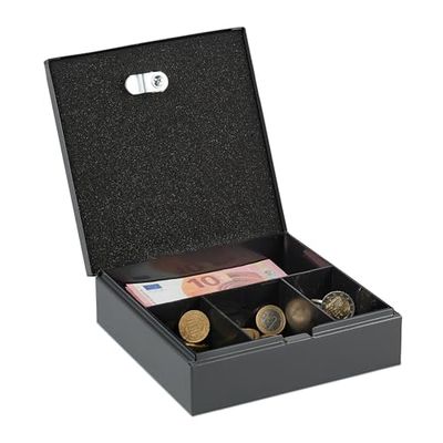 Relaxdays Caja de Dinero con Llaves, Bandeja Extraíble, 4 Espacios, Cambio y Billetes, 6 x 17 x 17,5 cm, Hierro, Gris