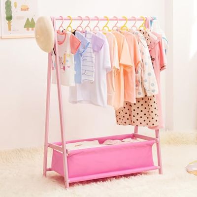 Yorbay Kinderkledingrek, bamboe, kapstok met opbergkist, kindergarderobe met kledingstang, voor baby- en peuterkamer, meisjes en jongens (roze)