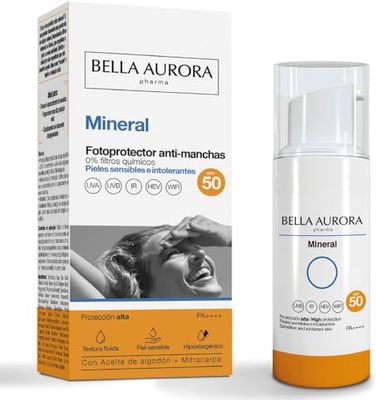 BELLA AURORA - Fotoprotettore antimacchia minerale SPF 50 50 ml, protezione facciale, protezione solare antimacchia per pelli sensibili, ripara e idrata la pelle, con olio di cotone e mitacarpa