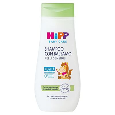 HiPP Baby Care Shampoo met balsem voor kinderen, ontwart het haar en beschermt de hoofdhuid, pH-waarde, voor de gevoelige huid, met natuurlijk biologisch amandelextract, 1 stuk à 200 ml