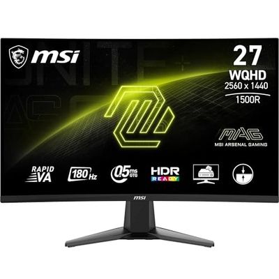 MSI MAG 27CQ6F Monitor Gaming da 27" WQHD Curvo - Pannello VA Rapid 1500R (2560 x 1440), 180 Hz / 0.5ms (GtG, Min.), Adaptive-Sync - DP 1.4a, HDMI 2.0b CEC