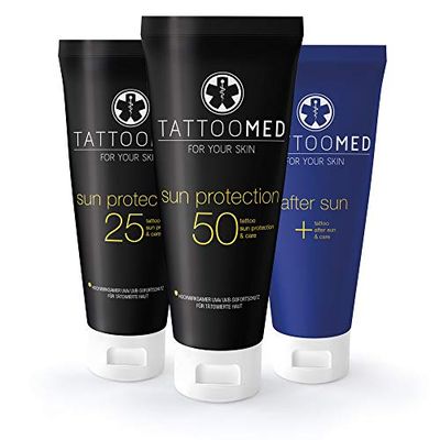 TattooMed All in Bundle Sun – tatuażowa ochrona przed słońcem do tatuowanej skóry – TattooMed Sun Protection SPF 25 & SPF 50 & TattooMed After Sun (3 x 100 ml)