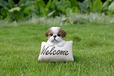 HiLine Gift Ltd. Shi Tzu puppy met welkomstbord buiten standbeeld - bruin wit