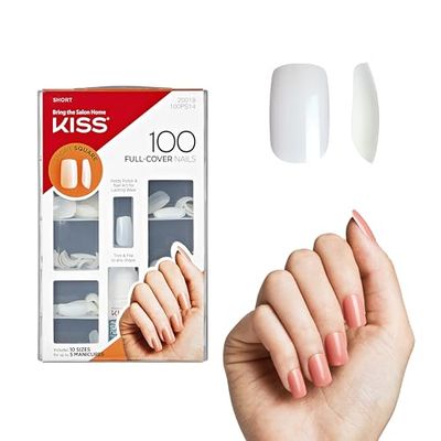 KISS 100ps Box 100 Unghie Bianche - Kit Completo Unghie Finte con Colla effetto Ricostruzione Gel - Lunghezza Corta e forma leggermente squadrata