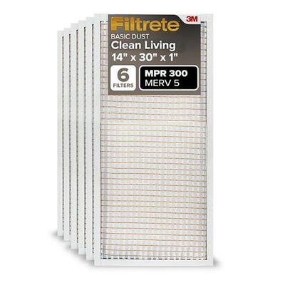 Filtrete 14x30x1 AC Furnace Air Filter, MERV 5, MPR 300, Capture Unwanted Particles, 3-Month Pleated 1-Inch Electrostatic Air Cleaning Filter, 6-Pack (Actual Size13.81x29.81x0.81 in)
