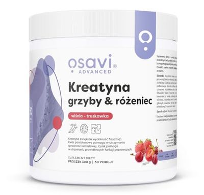 Osavi Kreatyna, Grzyby i Różeniec | Z 5 g kreatyny, 3 ekstraktami z grzybów i różeniecem dla wydajności, koncentracji i siły mentalnej – smak wiśniowo-truskawkowy – 300 g