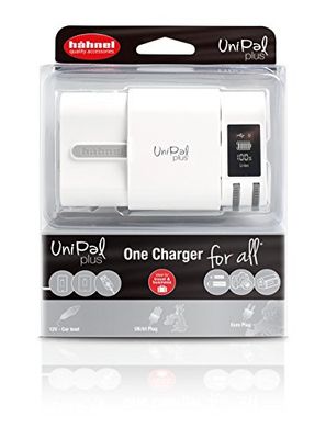 Hähnel Unipal Plus - Carregador universal para baterias Li-ion e NiMh (com adaptador de carro de 12 V, USB, indicador de nível de carga, ecrã LCD)