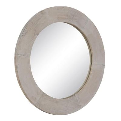 BigBuy Home Wandspiegel, natuurlijk wit, glas, mangohout, MDF, verticaal, rond, 61 x 2,5 x 61 cm