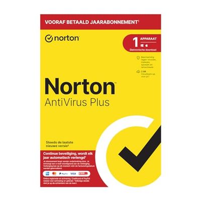 Norton Antivirus Plus 2024, antivirussoftware, internetbeveiliging, 1 Apparaat, 1 Jaar abonnement met automatische verlenging, PC of Mac