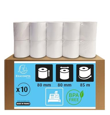 Exacompta - Réf. 43809E - Carton de 10 bobines pour tickets de caisse - largeur 80 mm x diamètre 80 mm - mandrin 12 mm - 1 pli thermique 48g/m² sans BpA - Métrage (+ ou - 2m) : 85 m - Blanc