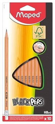 Maped Black'Peps Grafiet Potloden HB Eraser Tip Ergonomische Driehoekige Pack van 10 HB Potloden