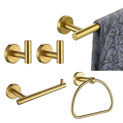 JQK BAS165-BG Ensemble de matériel de Salle de Bain doré brossé 5 pièces Support Mural avec Barre Porte-Serviette de 61 cm, Anneau Porte-Serviette de 17,8 cm, Support de Papier Toilette, 2 Crochets
