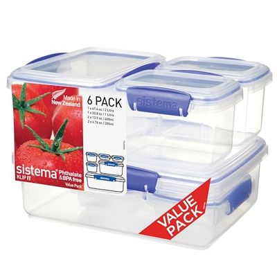 Sistema KLIP IT Recipientes para guardar alimentos, Caixas empilháveis com tampas herméticas, sem BPA, clipes azuis, tamanhos variados, 12 unidades (6 recipientes e tampas)