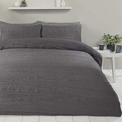 Sleepdown Super Soft Textured Crinkle Charcoal Grey Luxury Duvet Cover Quilt Bedding Set with Pillowcases-Double (200cm x 200cm), Polyester