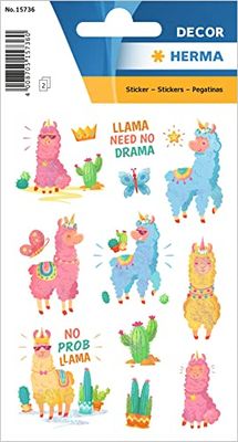 HERMA 15736 - Adesivi divertenti per bambini, motivo: lama - No Drama (24 adesivi, carta, glitter), etichette autoadesive permanenti per ragazze e ragazzi, colorate