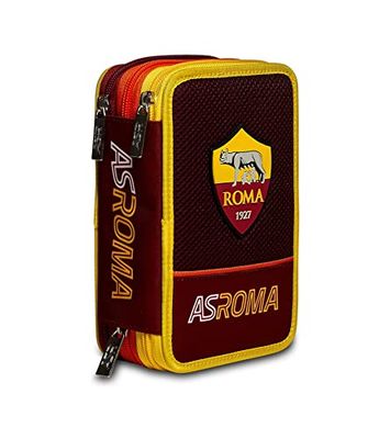 Seven S.P.A. A.S. Roma Calcio 3-Zip Case, Yellow Red, Complete with Pencils, Markers Etc, School 3 Compartments