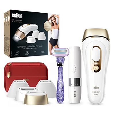 Braun Silk·Expert Pro 5 PL5387 Latest Generation IPL, Visible Hair Removal, White&Gold & Braun Face Mini Hair Remover FS1000