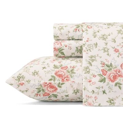Laura Ashley Sheets Conjunto de roupa de cama de algodão acetinado, elegante, macio e respirável para decoração de casa, Lilian Coral, casal duplo