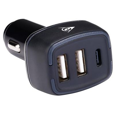 Dunlop USB-autolader – 2 x USB-A en USB-C-aansluiting – Power Delivery/Fast Charge 18 W – sigarettenaansteker – kunststof – zwart