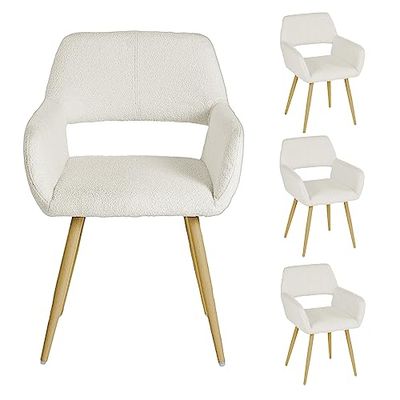 MEUBLE COSY Lot de 4 Chaises de Salle à Manger Scandinave Fauteuil Assise rembourrée en Bouclette Pieds en métal pour Cuisine Salon Chambre Bureau, Beige, Blanc, 56x56x78cm