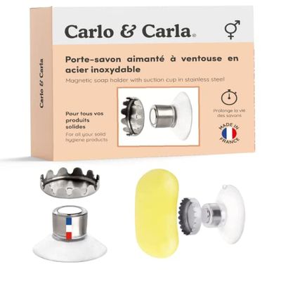 Carlo & Carla – Porte-savon aimanté à ventouse en acier inoxydable, pour tous vos produits d’hygiène solides – Fabriqué en France et réutilisable : écologique et économique