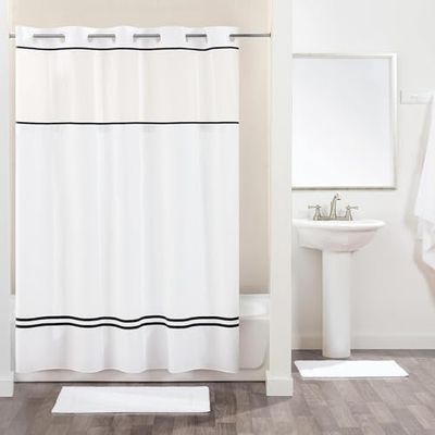 Hookless Fabric 3-in-1 Shower Curtain Set with PEVA It’s A Snap! Snap-In Liner and Window, 71x74 In., White/Black