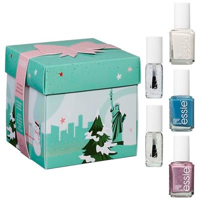 essie julklapp i söt presentförpackning 2024 – 3 färgade nagellack, nagelhärdare och nagelbands vård olja