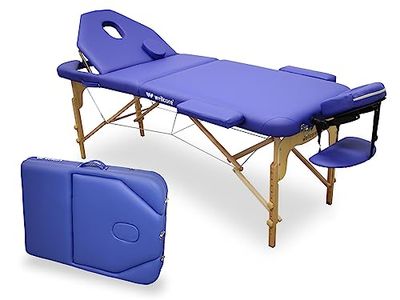 WELLCORE Table de Massage Pliable en Bois avec Dossier Rabattable, Plus, 185 x 65 cm, Similicuir Hauteur réglable, tête Amovible, Trou Facial, Bleu, jusqu'à 225 kg