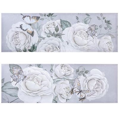 DRW Set van 2 rechthoekige canvasafbeeldingen met bloemen en vlinders, handbeschilderd, grijs en wit, 3 x 120 x 40 cm