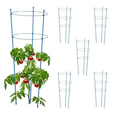 Relaxdays Set da 6 Sostegni per Pomodori Circolari, Alti 76 cm, per Piante Rampicanti, Rose, 3 Anelli Regolabili, Blu, Ferro