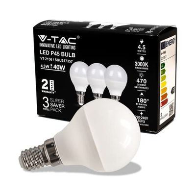 V-TAC Lampadina LED con Attacco E14 4,5W P45 470 Lumen - Massima Efficienza e Risparmio Energetico - Luce 3000K Bianca Calda (Box 3 Pezzi)