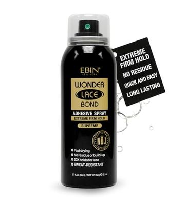 EBIN New York Wonder Lace Bond Adhesive Spray - Supreme Extreme Firm Hold 80ml | Fast Drying, No Residue, No Build Up, Powerful All-Day Hold, Daily Wig Application