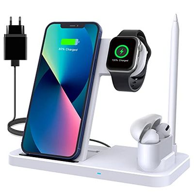 Draadloze oplader, inductief laadstation met 18 W sneladapter, 4-in-1 draadloze oplader, compatibel met iPhone 14/13/12/11/X/8, Apple Watch Ultra/8/7/6/SE/5/4/3, Air Pods Pro 2/1