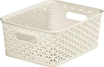 Curver Cesto de armazenamento retangular My Style com efeito de vime para cozinha, sala de estar, casa de banho, quarto, tamanho médio, retangular, 13 litros, cor branca creme vintage
