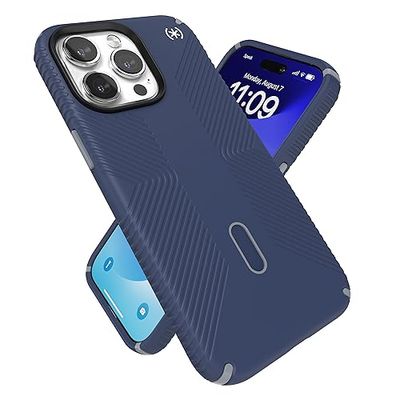 Speck iPhone 15 Pro Max fodral – ClickLock halkfritt interlock, MagSafe-kompatibel, droppskyddsgrepp – repbeständigt, mjuk beröring, 6,7 tum telefonfodral – Presidio2 grepp kustblå/damm grå/vit