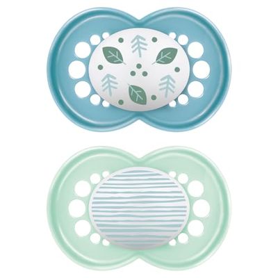 MAM Originele fopspeen, 16+ maanden, set van 2, MAM 16, 36 maanden, siliconen met kaakvriendelijke speen, 2-delige set met praktische sterilisator-fopspeenhouder, lichtblauw/groen