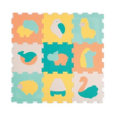 Ludi - 9 Dalles Animaux Pastel - Tapis d’Éveil Géant et Puzzle 3D - Dalles de Sol Épaisses et Encastrables - Tapis de Jeu en Mousse - Isolant et Amortissant - Dès la Naissance