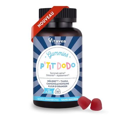 VITAVEA BIEN-ETRE - Gummies P'tit Dodo - Triple action : Sommeil, Détente, Relaxation - Sans mélatonine et sans accoutumance - Spécial Enfants à partir de 3 ans - 30 Gummies sommeil - Goût Framboise