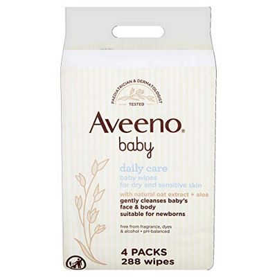 Aveeno Baby Wipes Sensitive Skin, Cleanse Gently And Efficiently Baby Essentials, Pack Of 4 (288 Wipes In Total)