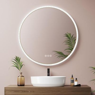 EMKE 3-in-1 ronde badkamerspiegel met led 60 cm, ronde led-spiegel met aanraakschakelaar en anti-condens-functie en geheugenfunctie, verstelbaar driekleurig licht (champagne)