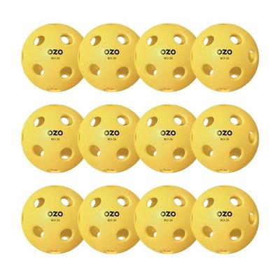 OZO Pickleball - Lot de 12 Balles d'Intérieur, 26 Trous, Moulage par Injection, Yellow