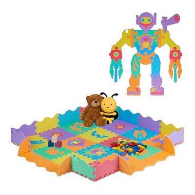 Relaxdays Tapis de Jeu, Puzzle 4x4 pièces, avec Bordure, Motifs Robots, Mousse, sans polluants, bébés et Enfants, coloré