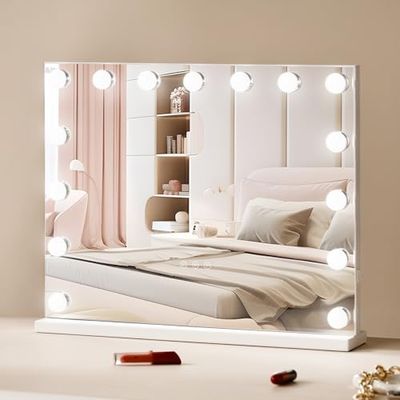 VEVOR Espejo de Tocador Hollywood con Luces, 15 Bombillas Regulables y 3 Modos de Iluminación de Color, Aumento Desmontable de 5X, Puerto USB, Control Táctil Inteligente, en Pared, 580 x 120 x 482 mm