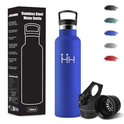 Botella Agua Acero Inoxidable, 750 ml Libre de BPA, Botella Termica, 18/8 Acero Inoxidable, Botellas de Agua, Con Pajita y 2 Tapas, Botellas Isotermica para Camping, Gimnasio, Oficina - Azul real
