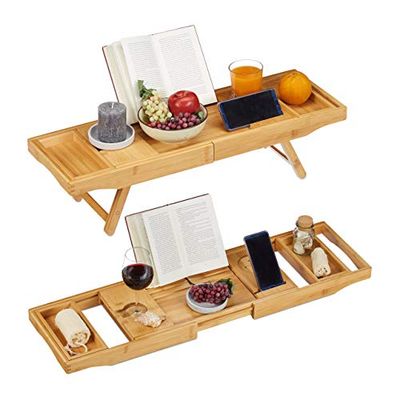 Relaxdays Bandeja de cama e banheira extensível, 2 em 1, com suporte para livros e copos de vinho, castanho, 74, bambu, 5-114 cm, 74,5-114 cm
