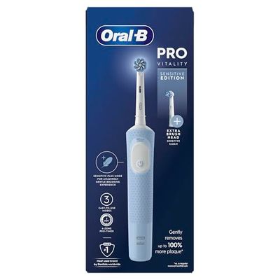 Oral-B Vitality Pro Brosses à Dents Electriques Adultes, 1 Manche, 2 Têtes de Brosse à Dents, 3 Modes de Brossage dont Sensitive Plus, Prise UK 2 Broches, Bleu