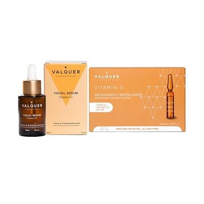 Valquer Pack Viso Siero 30 ml e fiale 10 ml, Idratante e Protettivo con Vitamina C, E e Acido Ialuronico. Antirughe Rivitalizzanti con Ingredienti Naturali per tutti i tipi di pelle. Vegano.